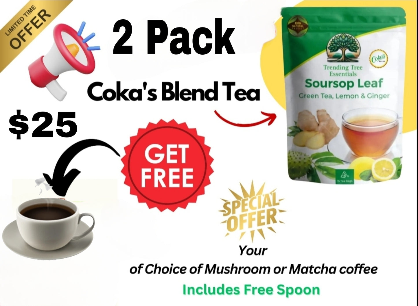 2 Pack - COKA'S Blend Tea -Soursop, Ginger, Lemon and Green Tea (30 bags) with free spoon