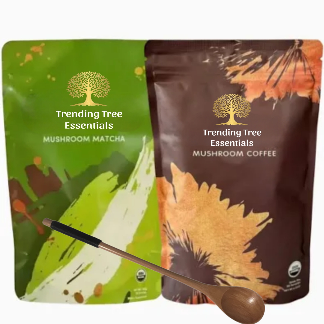 2 Pack Combo- with Spoon Trending Tree Essentials Mushroom Coffee -1 pack & Matcha- 1 Pack (30 servings per pack) 6.5 oz